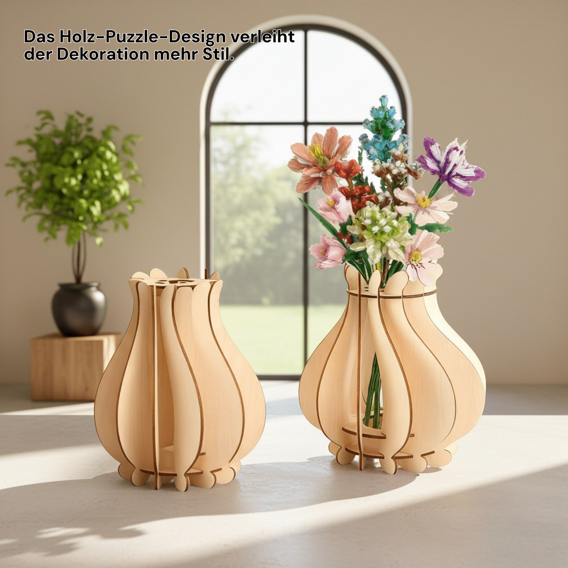 Holz-Puzzle-Vasenständer mit Blumen für Zuhause