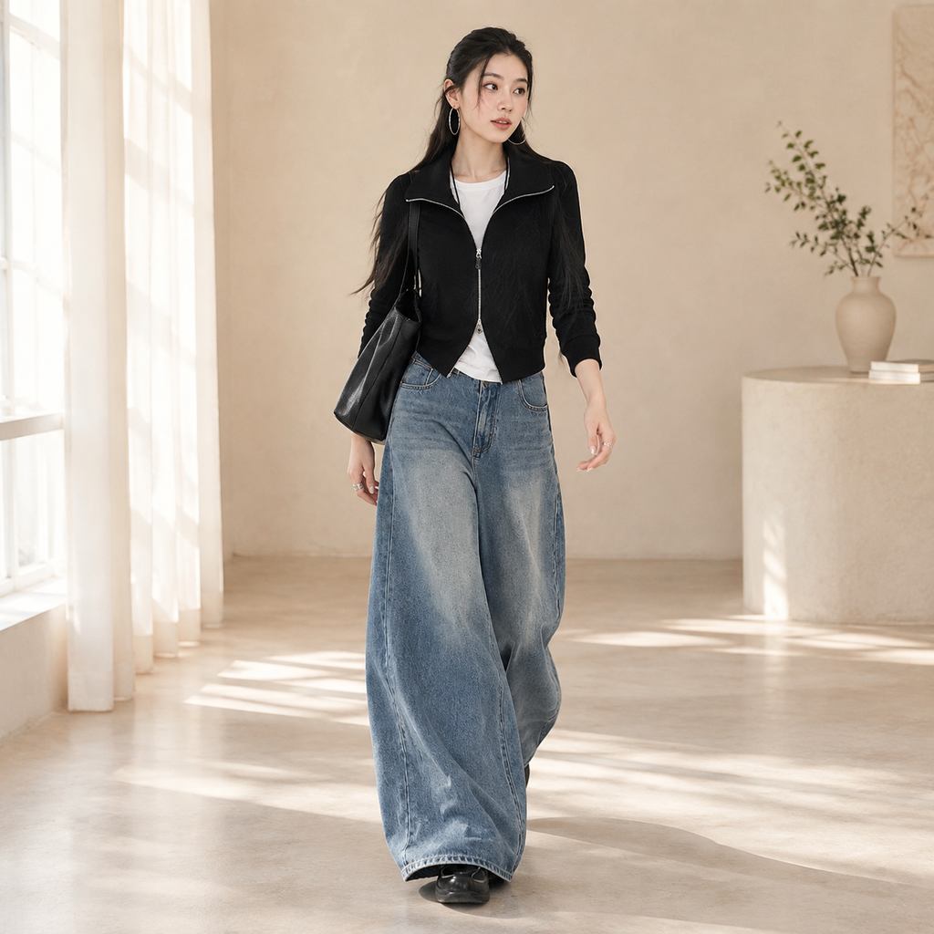 봄가을 무허리 디자인 A라인 루즈핏 와이드 데님 팬츠 여성용