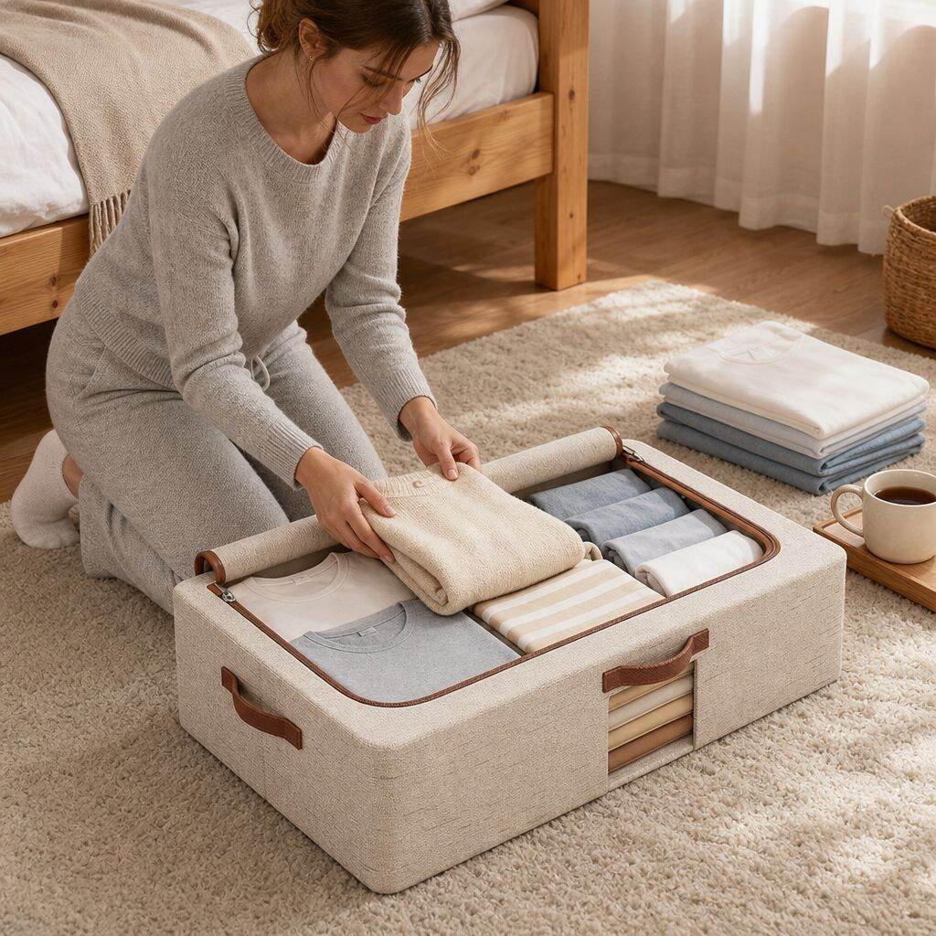Cotton and linen under-bed storage box with wheels and lid, flat household clothing and quilt storag