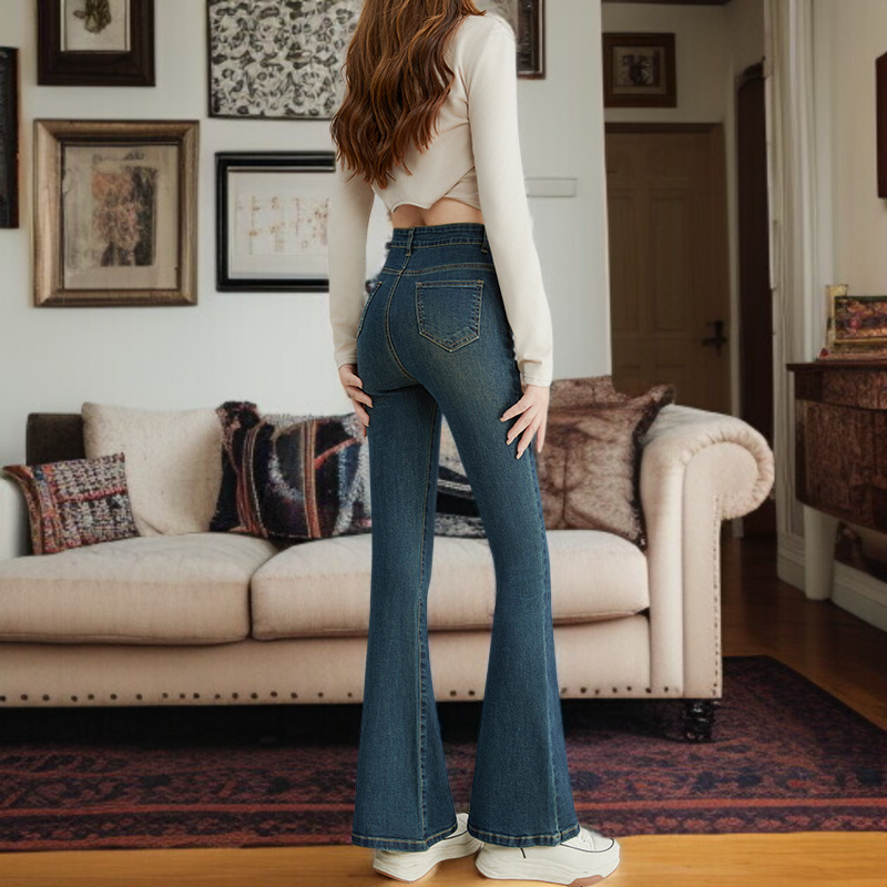 小さめハイウエストワイドジーンズ女性春春スリム細めマイクロフレアワイドパンツ