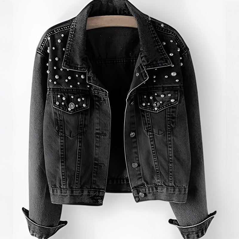 جاكيت جينز نسائي مزين بالخرز وأحجار الراين واللؤلؤ، بقصة فضفاضة