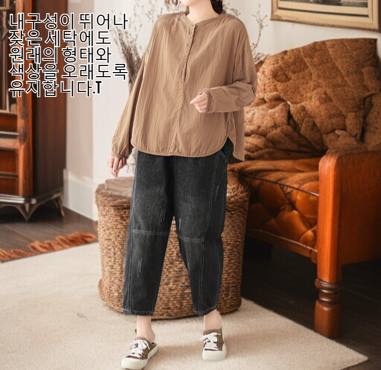 여성 면 마 더블 주름 셔츠 뒷모습