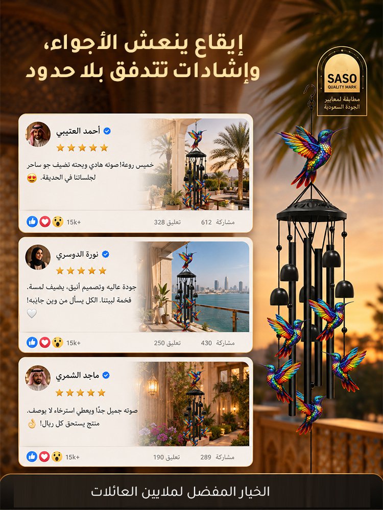 واحة ملكية فاخرة - أجراس الرياح الملونة بتصميم "طائر الطنان" للاستشفاء بالصوت بتردد 432 هرتز