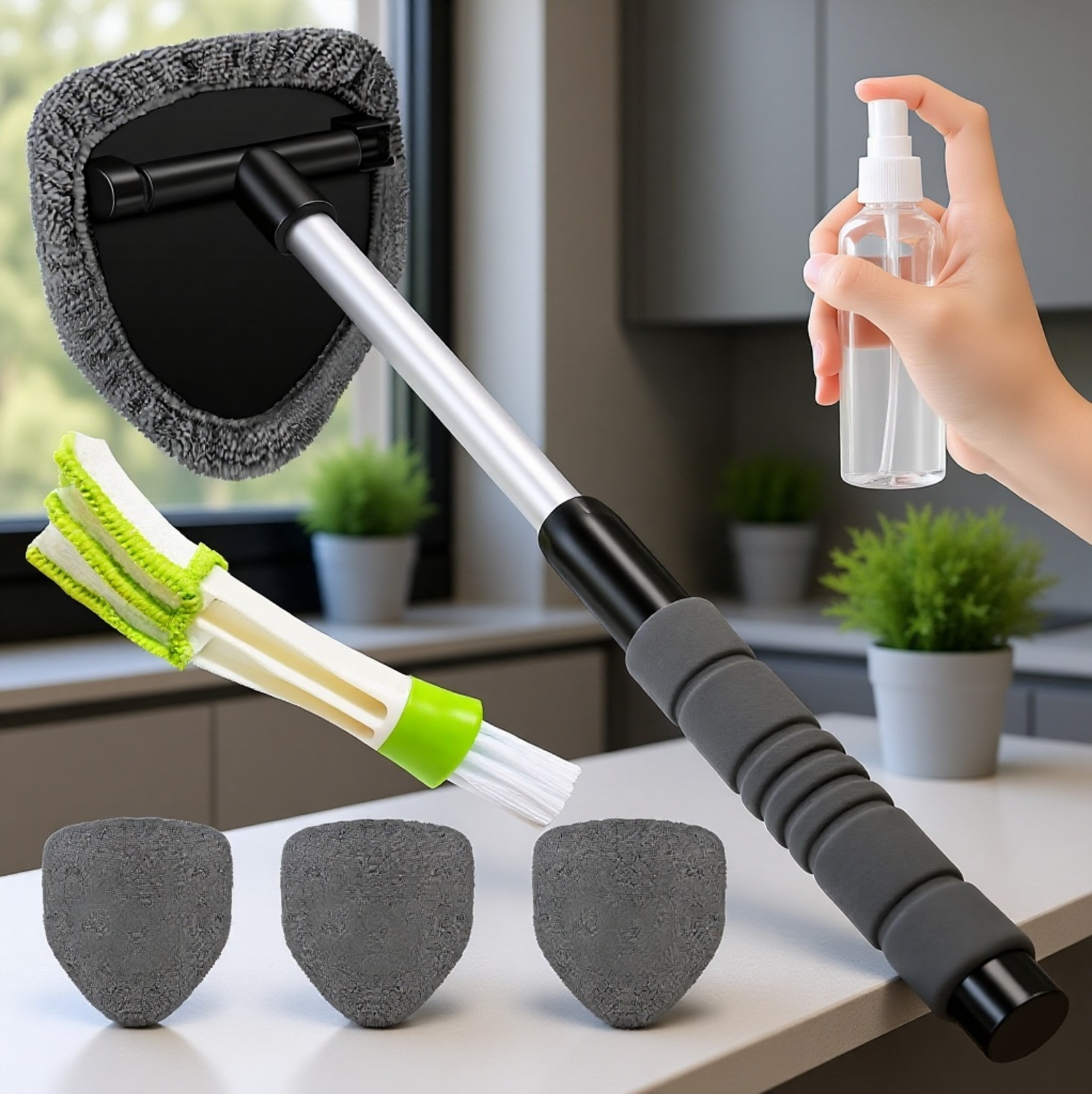 Mikrovláknový stěrač na okna, čisticí kartáč, teleskopický odmrazovač do auta