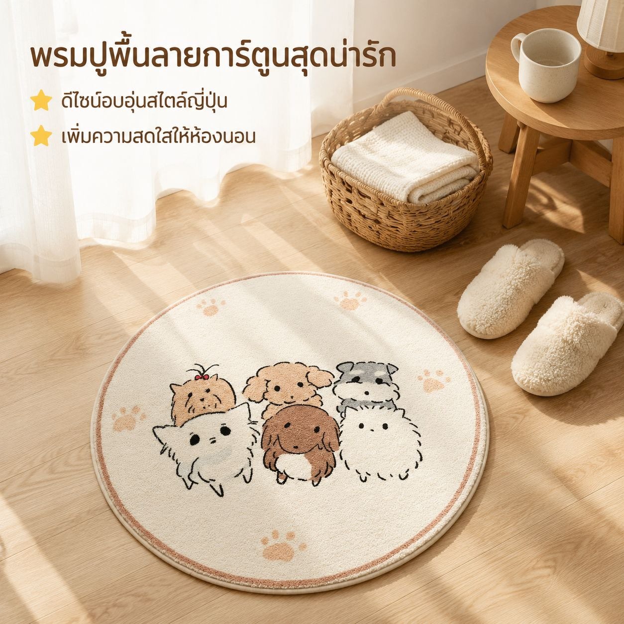 พรมขนเทียมลายการ์ตูนทรงกลม กันลื่น สำหรับห้องนอน ห้องรับแขก ห้องอ่านหนังสือ สไตล์สาวน้อย