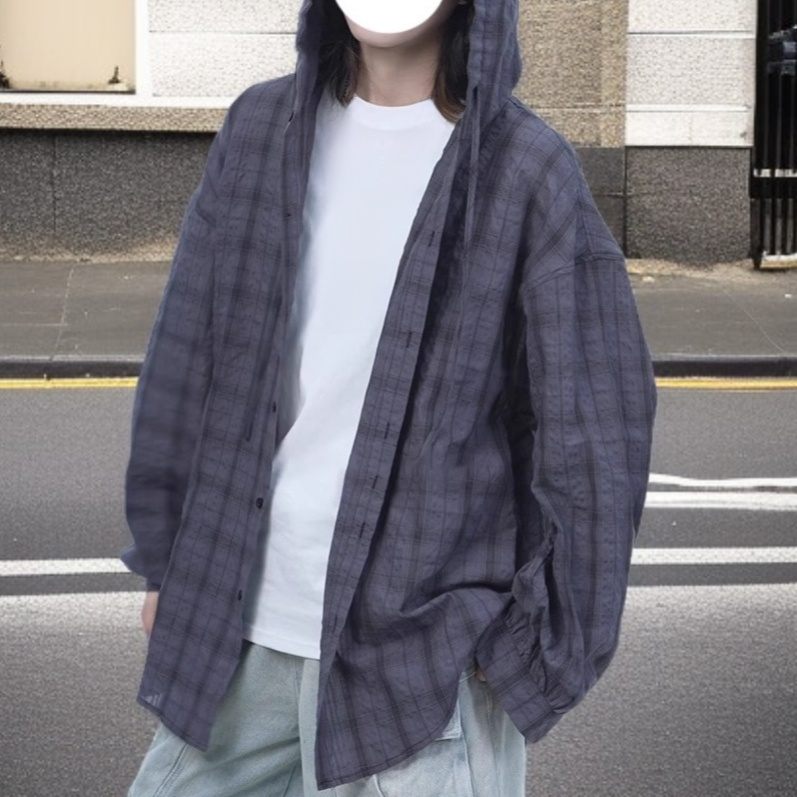 그레이 플레드 후드 긴팔 셔츠