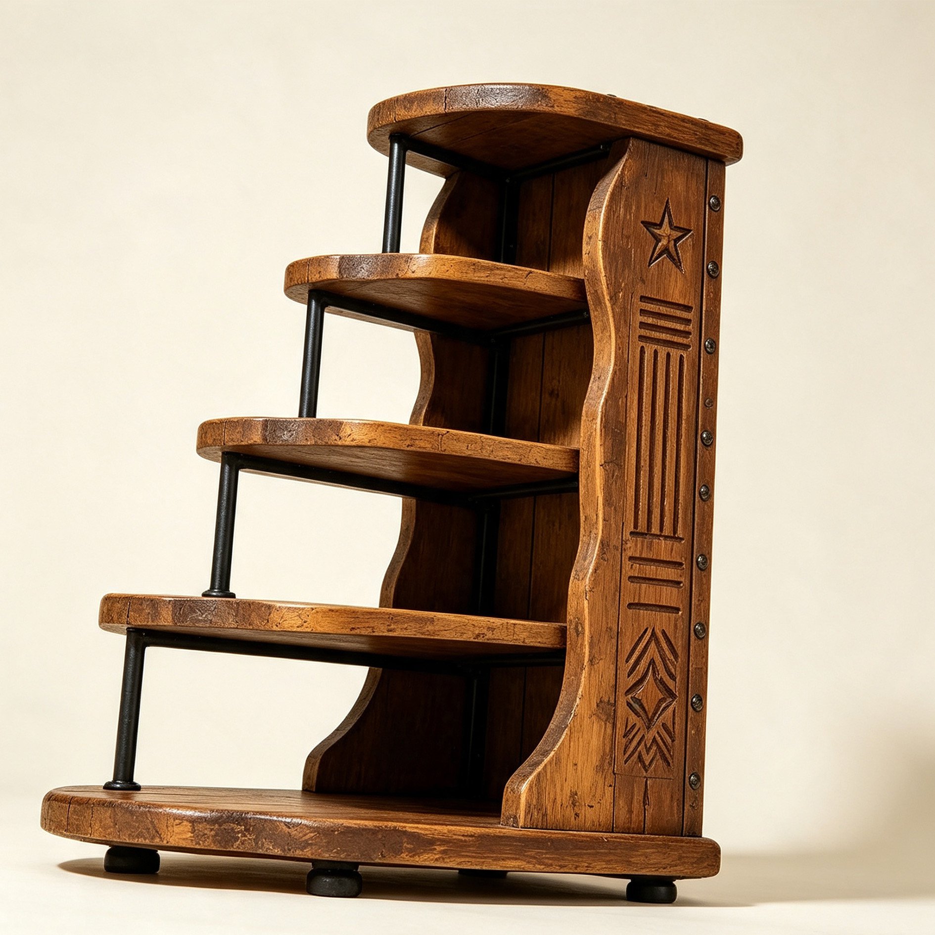 Close-up of star-carved design on wooden storage rack