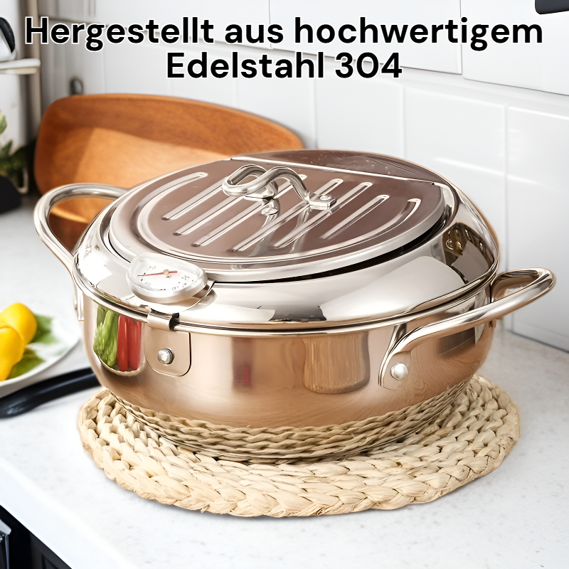 Fritteuse aus Edelstahl 304 mit Ölthermometer und Abtropfgestell