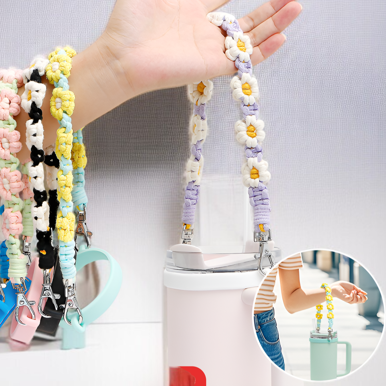 ดอกไม้ดอกเดซี่ทำด้วยมือถักถ้วยน้ำ