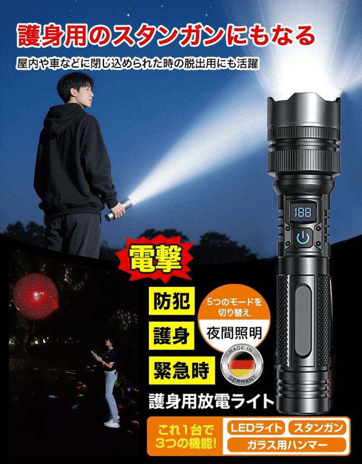 防災やアウトドアに便利なハイパワー・LED懐中電灯