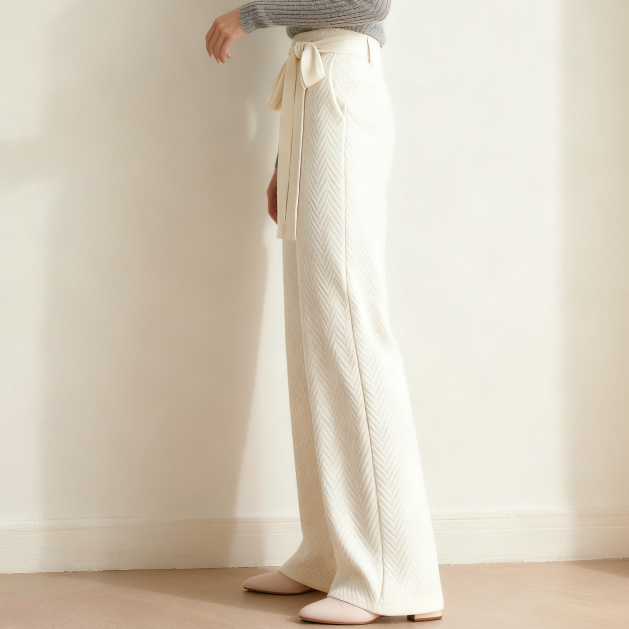 화이트 리본 와이드 팬츠 여성용
