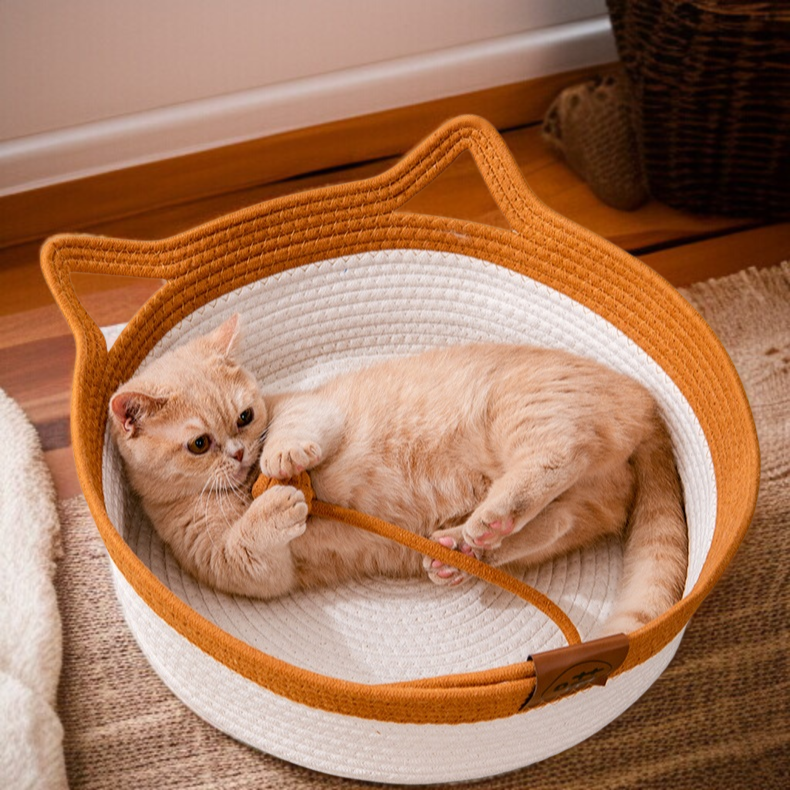 オールシーズン対応の籐製猫の巣、ガマ編みの猫の巣、半密閉型の犬の巣、猫のベッド、夏の涼しい巣のペット用品