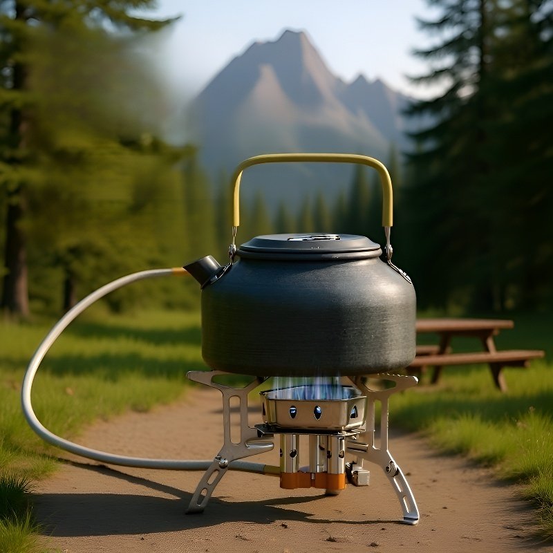 屋外調理に適した、3 つの防風バーナーヘッドを備えたポータブル カセット ストーブです。