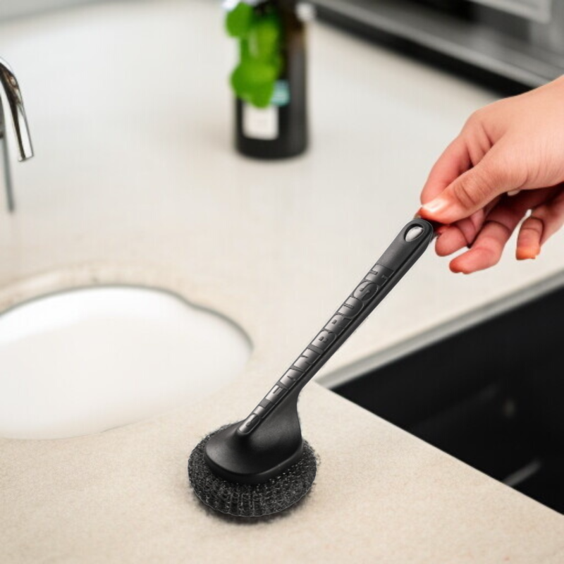 Stainless steel dishwashing brush with replaceable handle