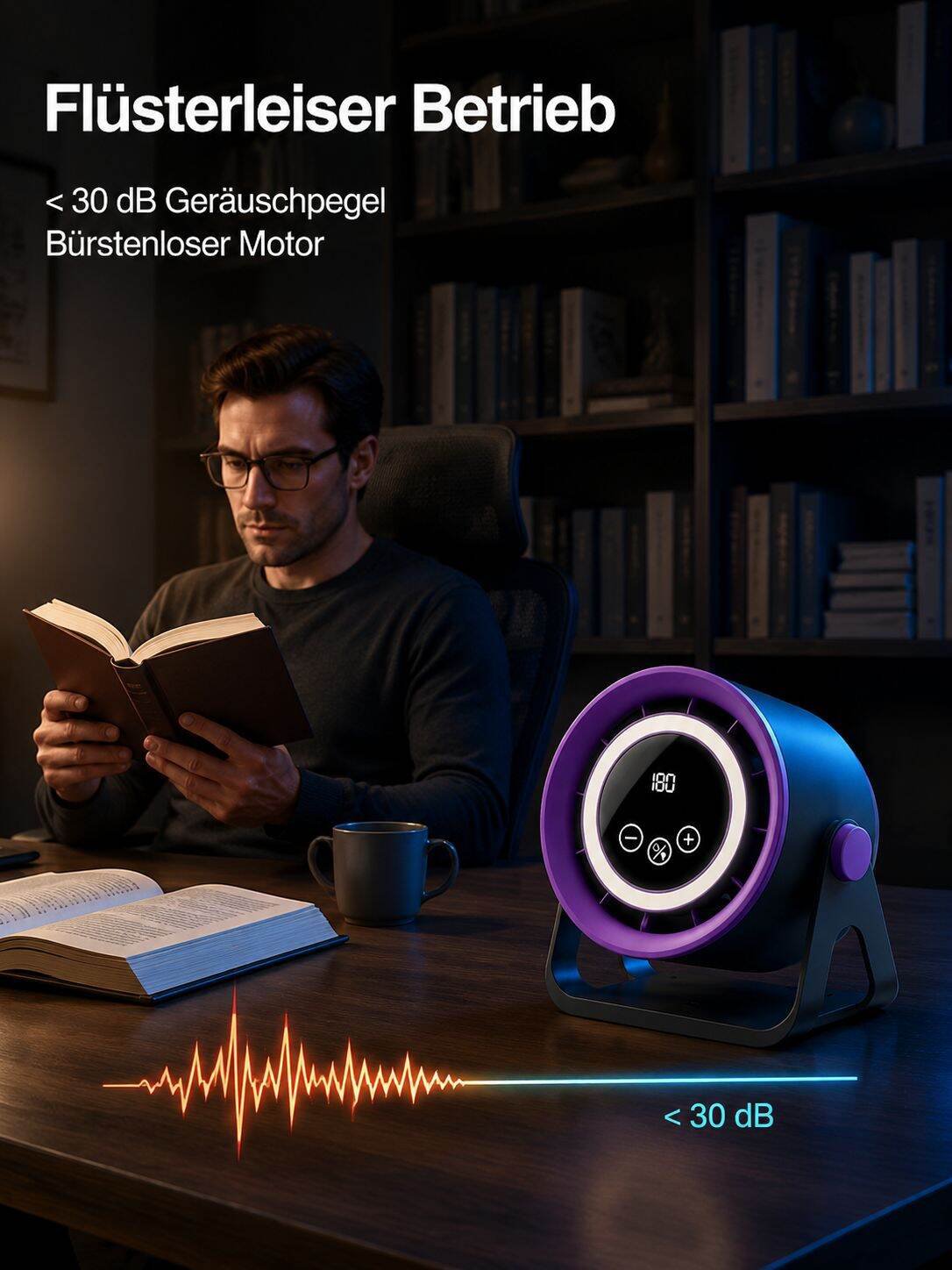 Tischventilator mit Digitalanzeige, leise, starke Windkraft, mit Beleuchtung
