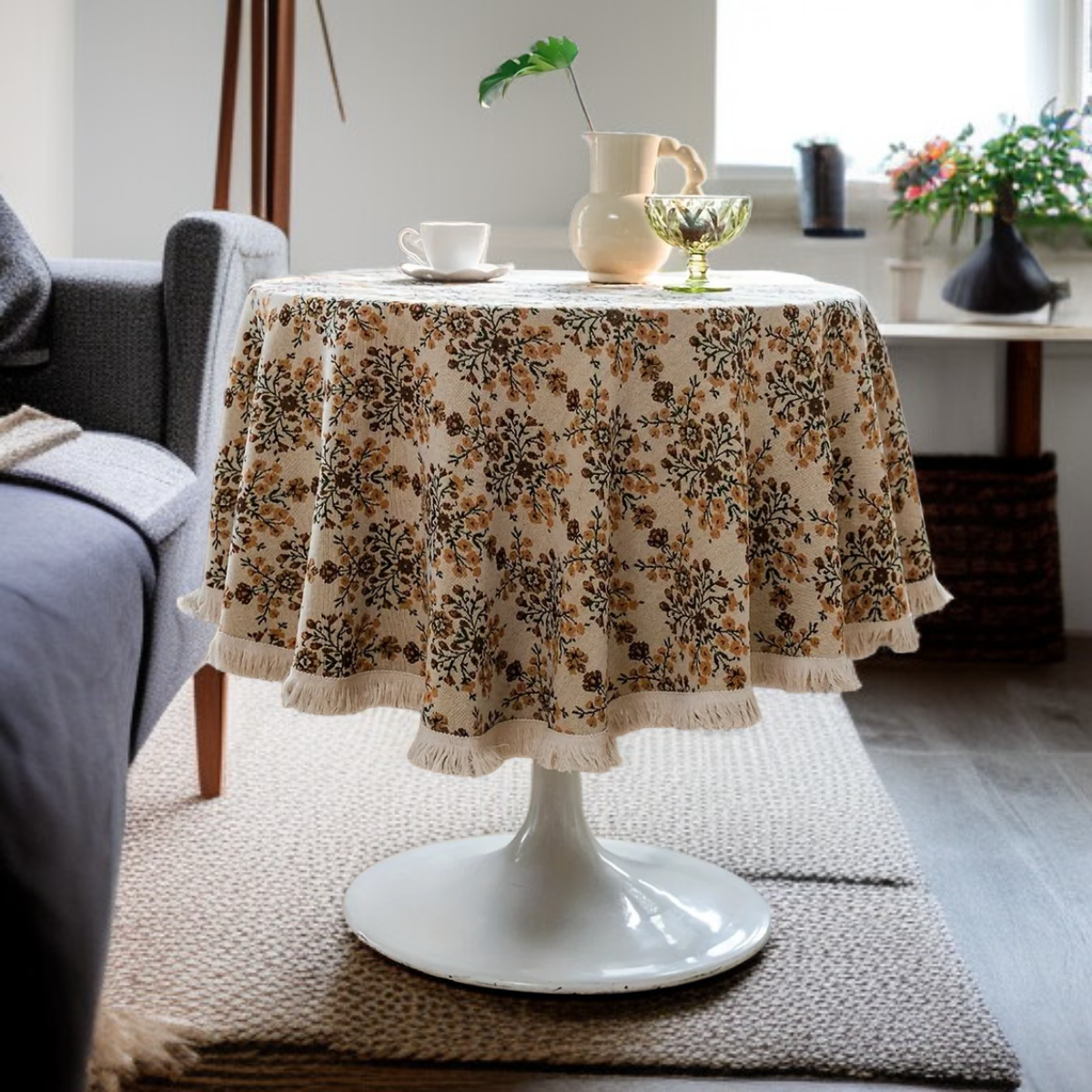 기하학 배색 미국식 자카드 원형 테이블보, 두꺼운 폴리에스터 방진