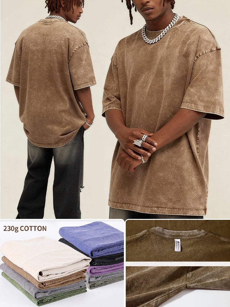 Slimming by 20 pounds American street-style washed vintage heavyweight pure cotton T-shirt