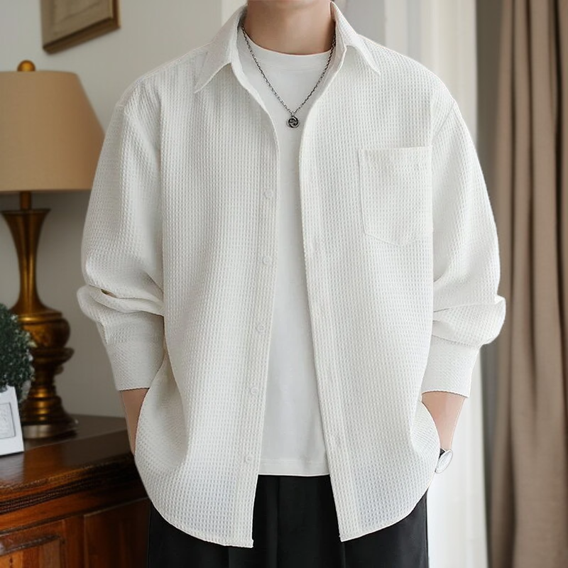 メンズ長袖ワッフルルーズフィットシャツ