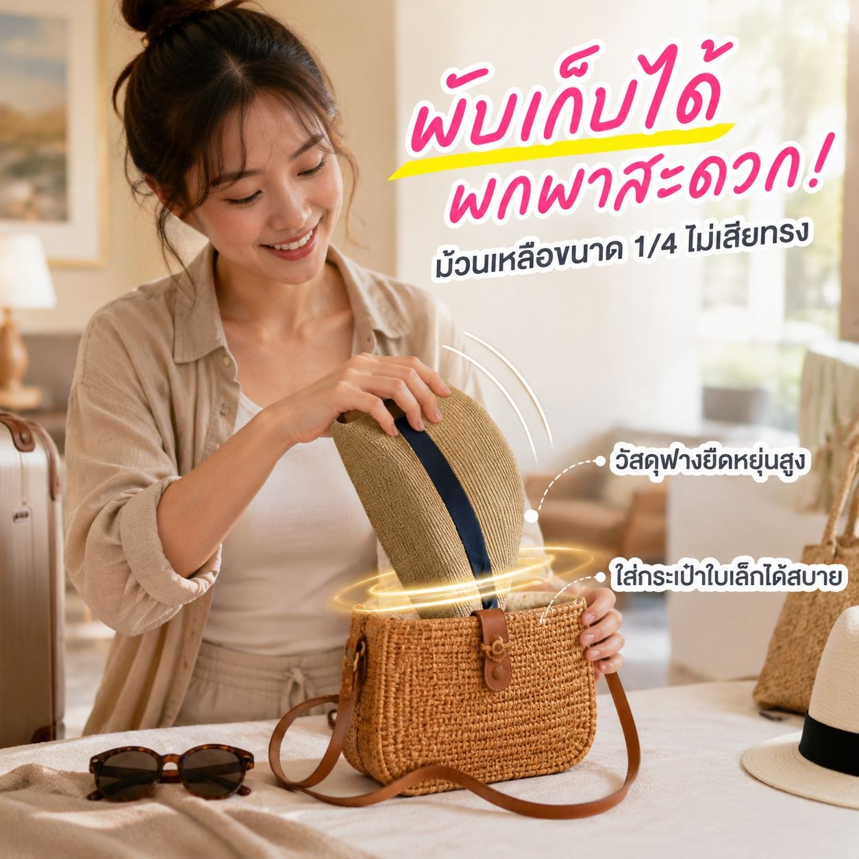 หมวกฟางสไตล์ฝรั่งเศสพับได้ หมวกกันแดดแบบเฮปเบิร์น ปีกหน้า-หลังไม่เท่ากัน เหมาะกับท่องเที่ยวทะเล