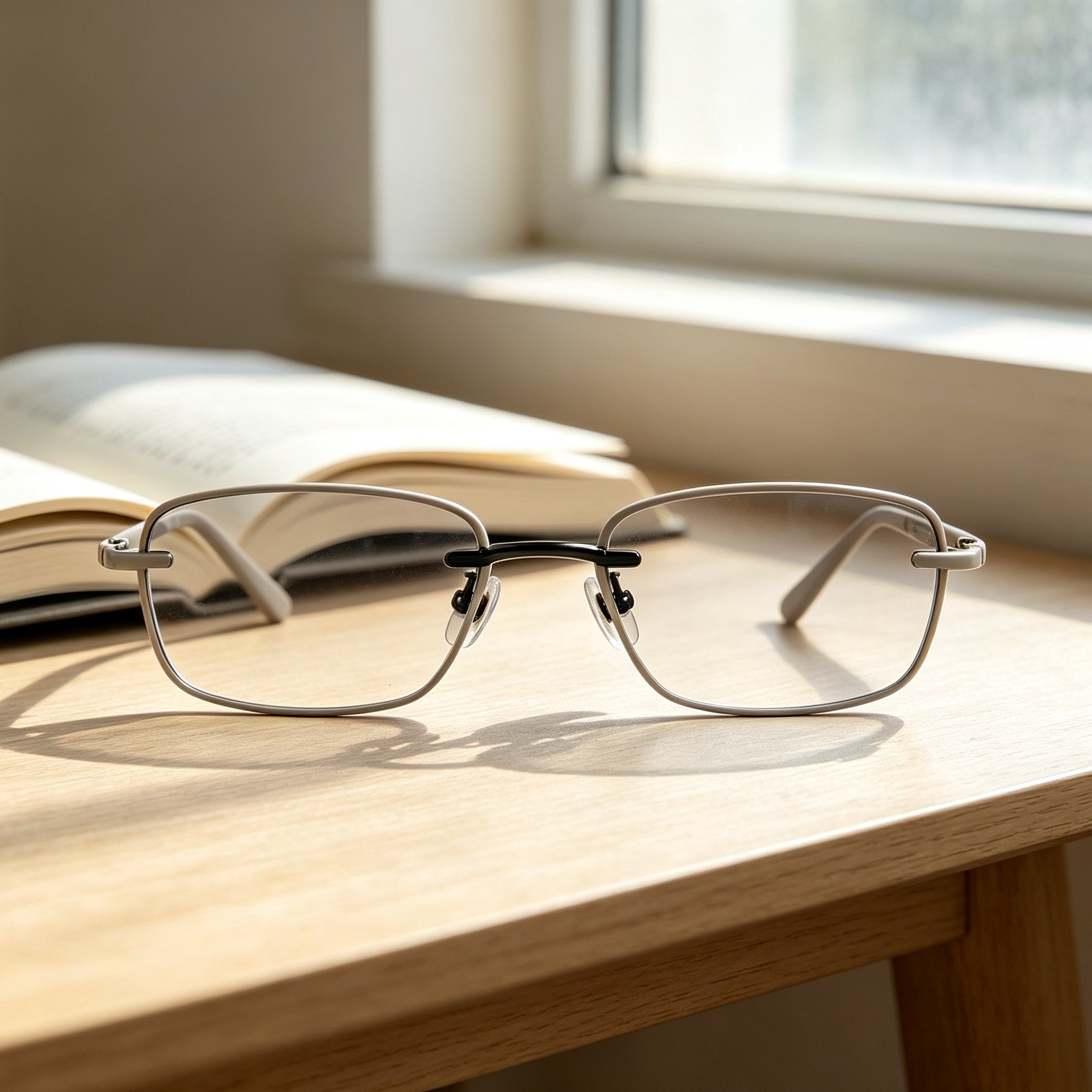 Close-up of thin rim eyeglass frame