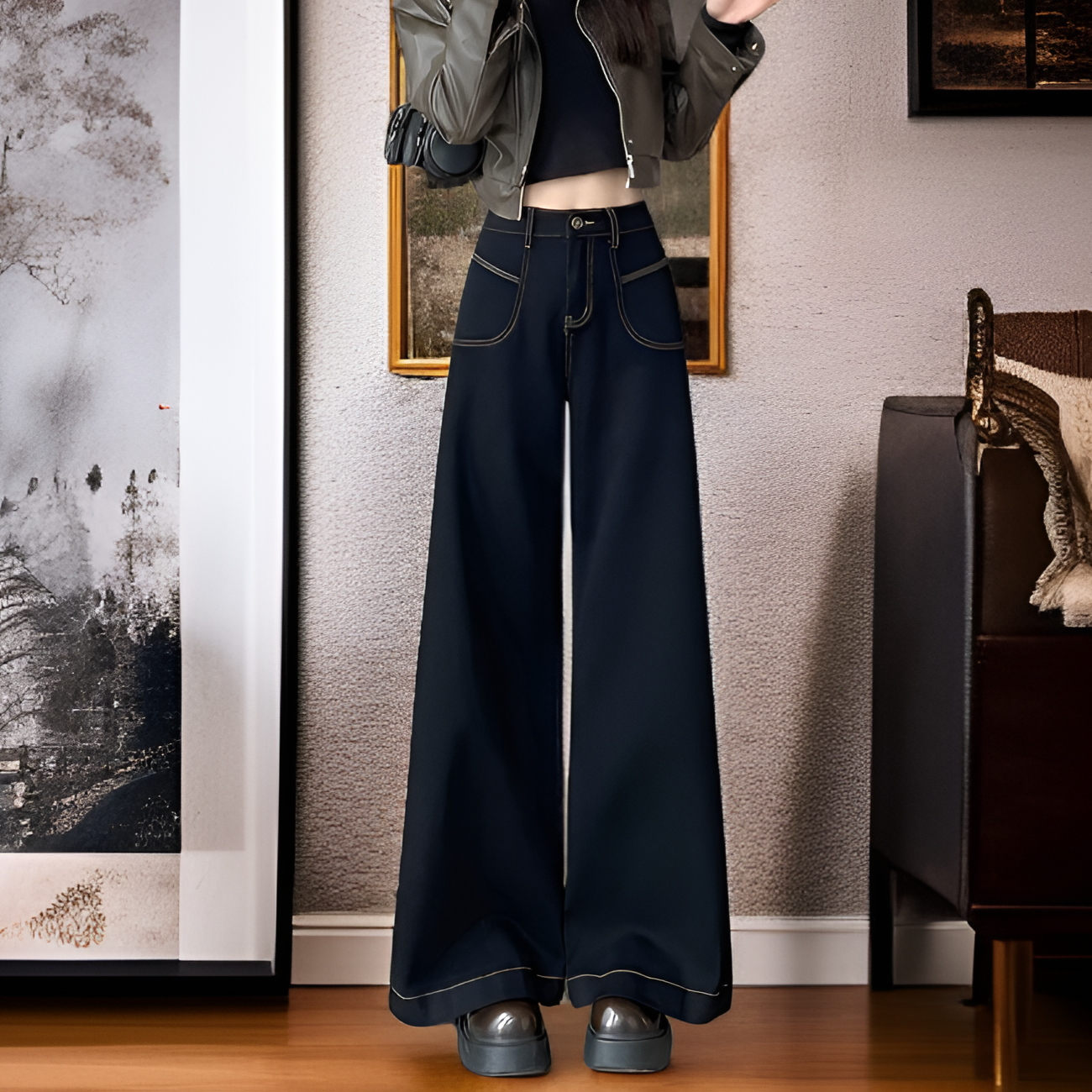 여성 개더 하이 웨스트 와이드 데님