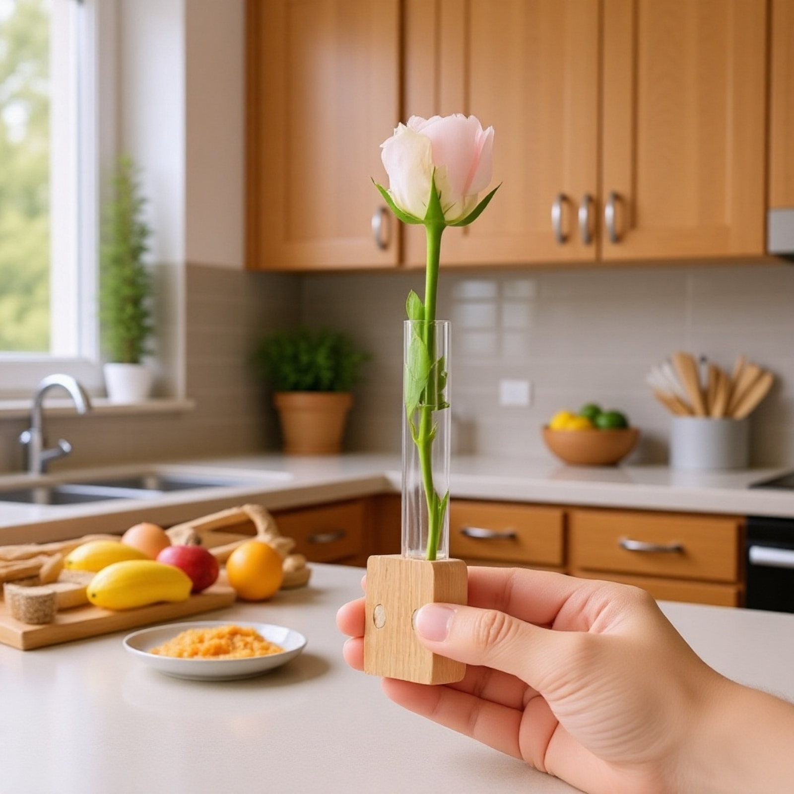 Vase magnétique en tube à essai en bois naturel pour réfrigérateur