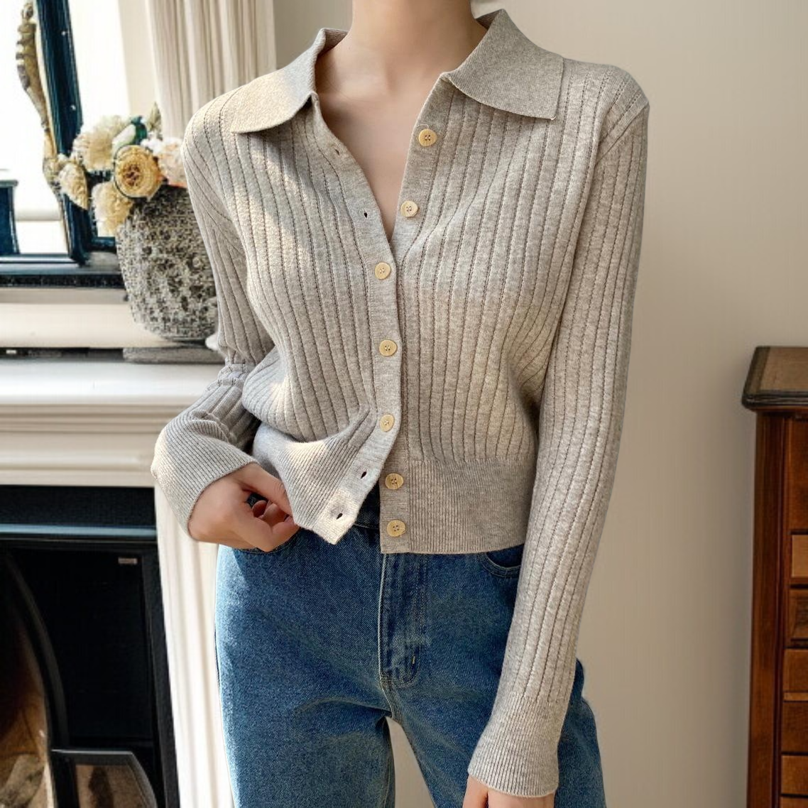 여자 긴팔 니트녀 카디건 위에 출퇴근 상의 문예 긴팔 니트녀