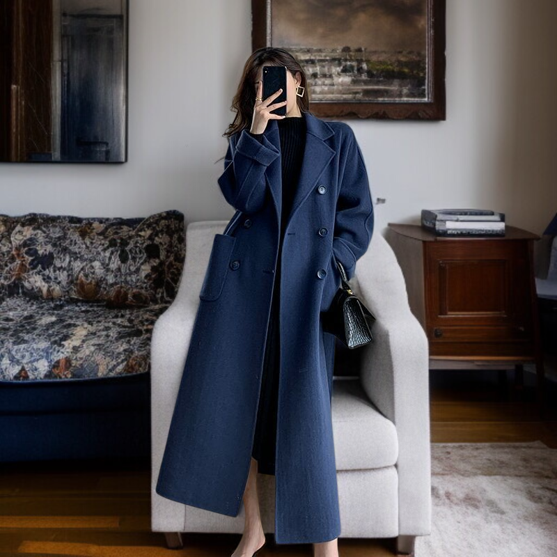 프리미엄 무릎 오버코트 루즈핏 빅사이즈 하프 모직 코트 날씬해 보이는 여성 프리미엄 모직 코트