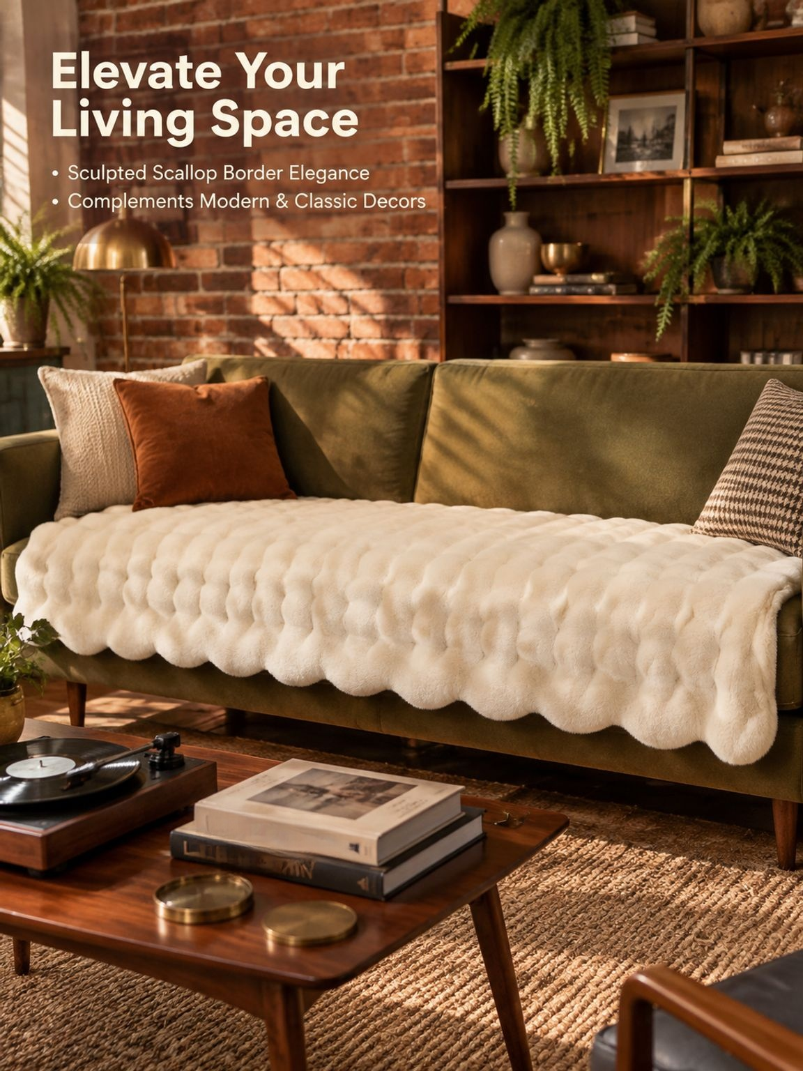Close-up view of thick faux rabbit fur sofa cover texture