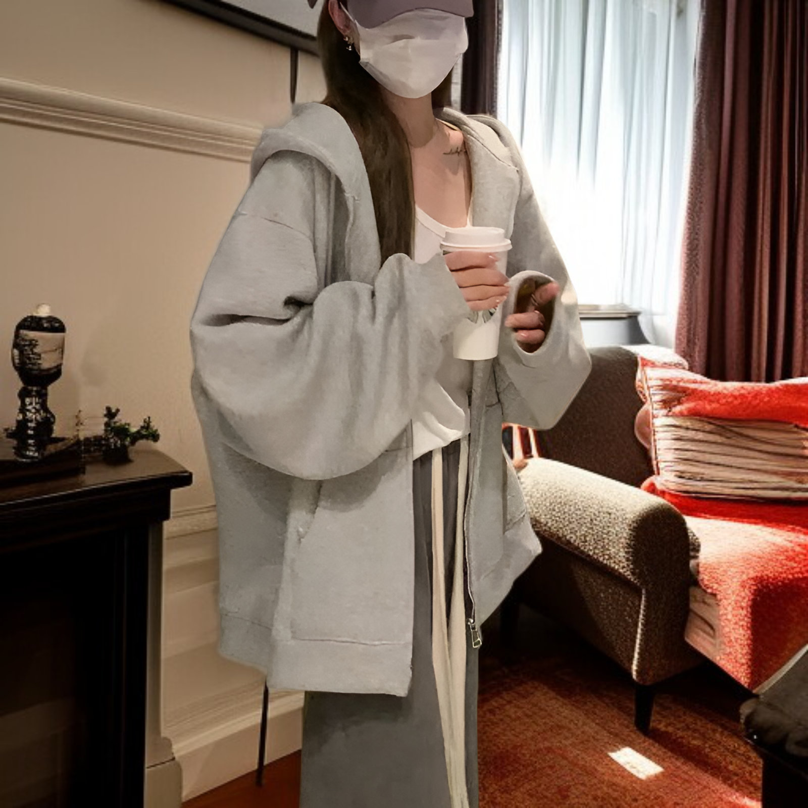 ゆったり グレー ジップアップ スウェットパーカー