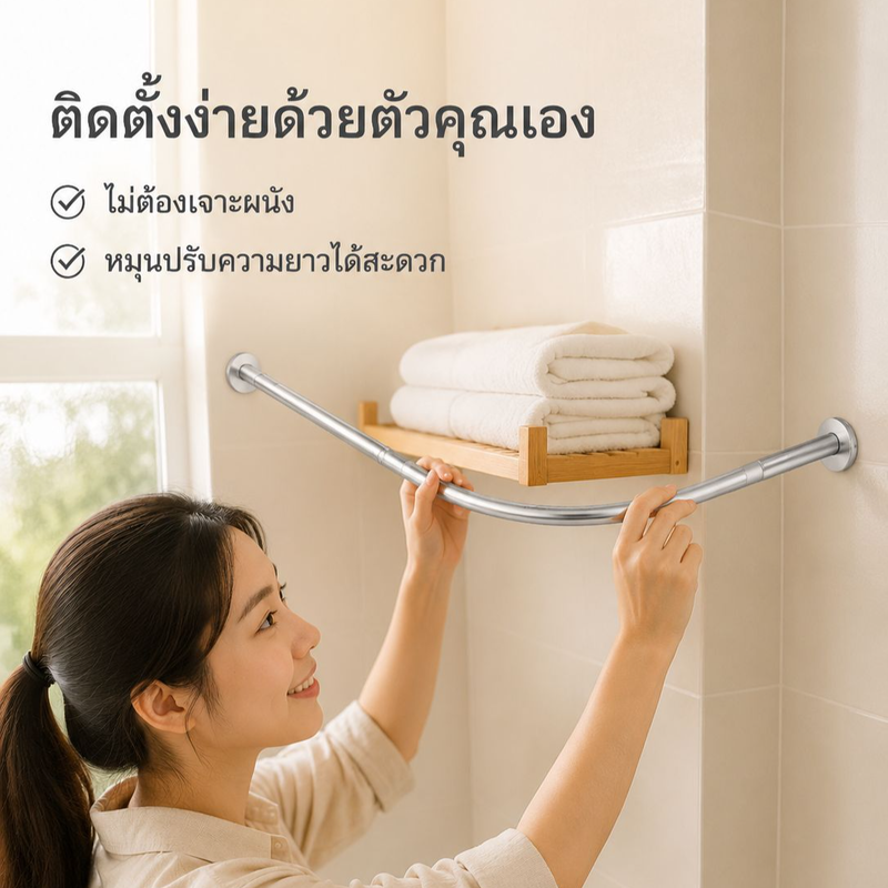 ราวม่านห้องน้ำสแตนเลสไม่ต้องเจาะผนัง ทรงโค้งรูปตัว L ปรับขนาดได้