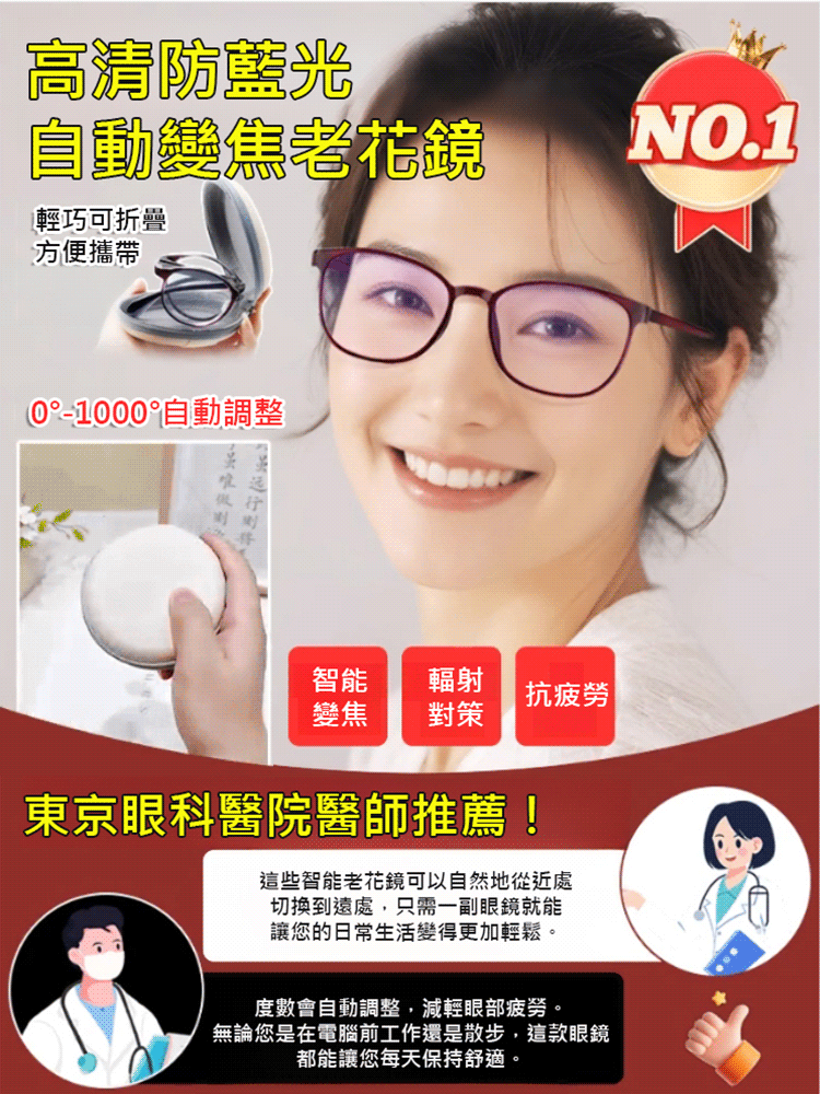 時尚舒適折疊鏡高清防藍光自動變焦老花眼鏡