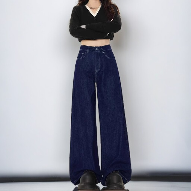 レトロなダークブルーのワイドレッグジーンズ