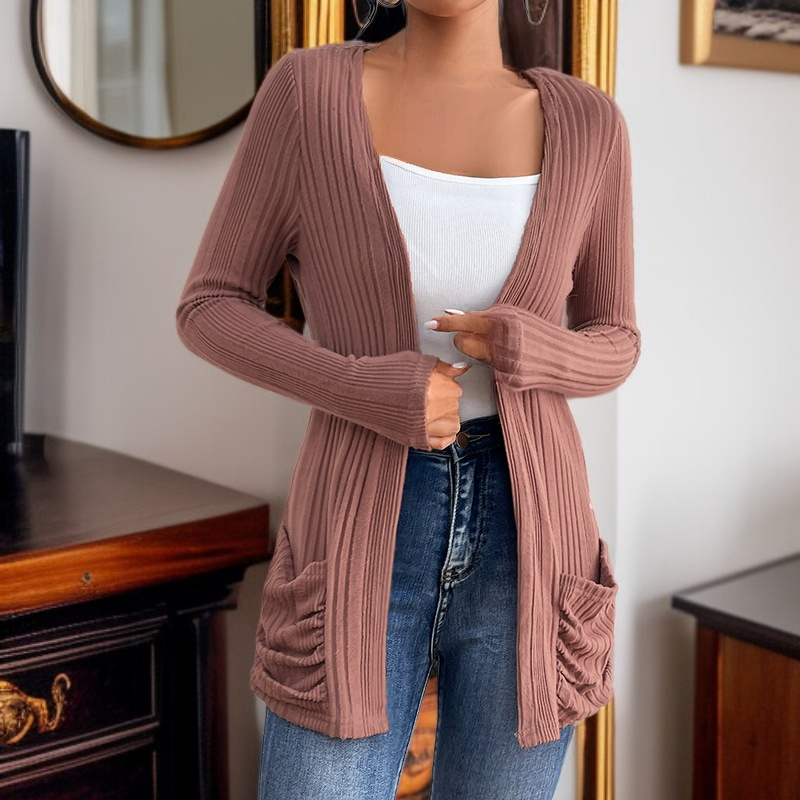 Einfarbige Strickjacke mit langen Ärmeln und mittlerer Länge