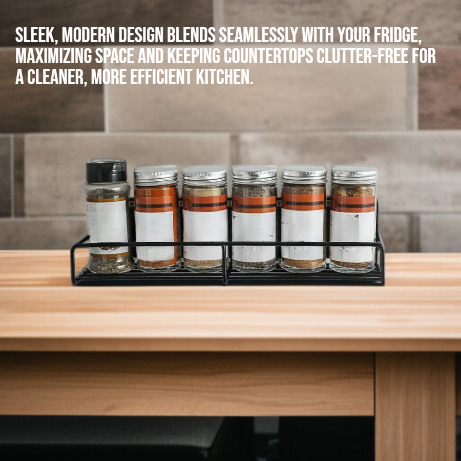 No-drill magnetic storage rack attached to refrigerator side