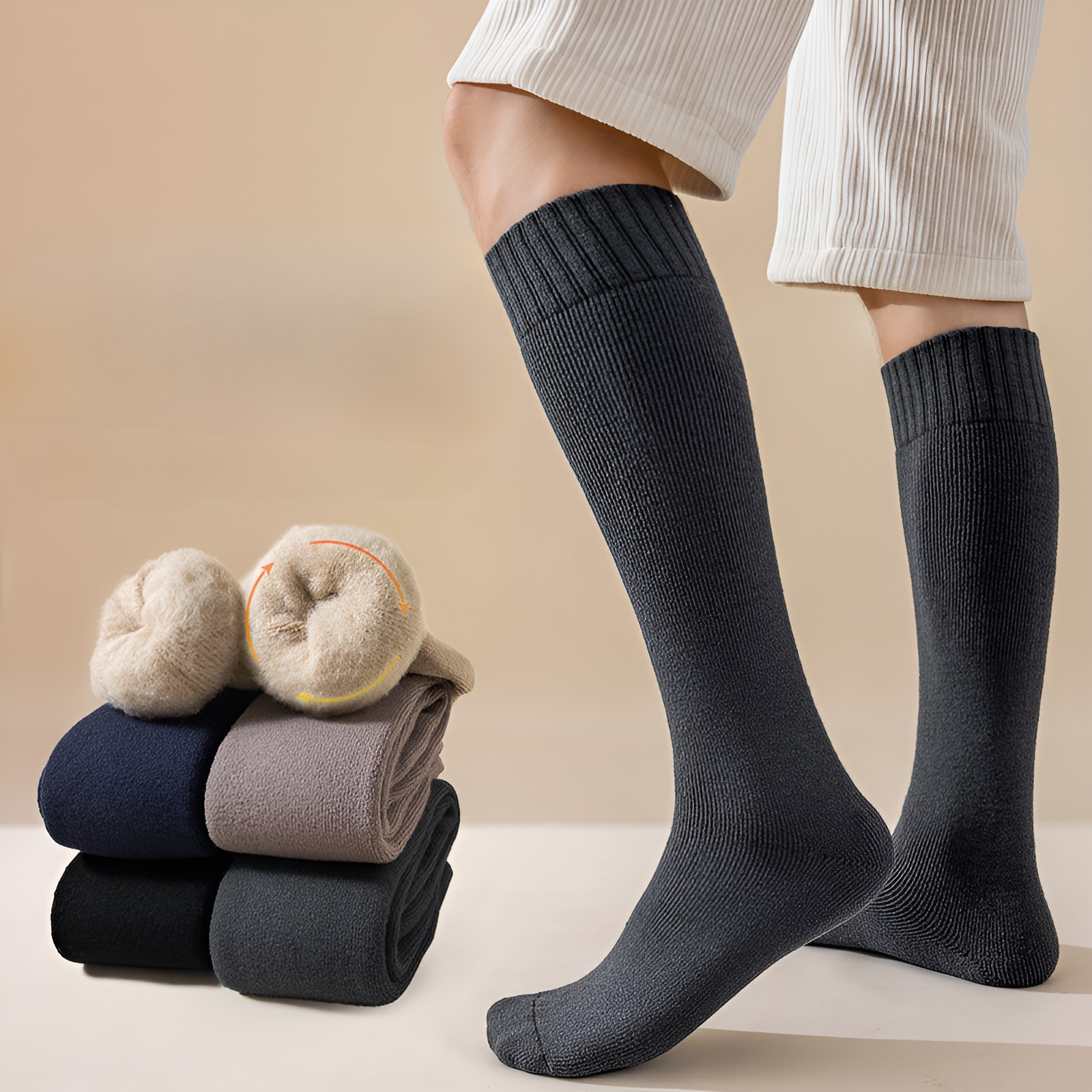 Calcetines largos térmicos con forro de borrego para proteger las rodillas en invierno