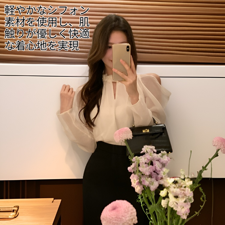 新作秋スタイル ゆったりとしたオフショルダー長袖シフォンブラウス（レディース）