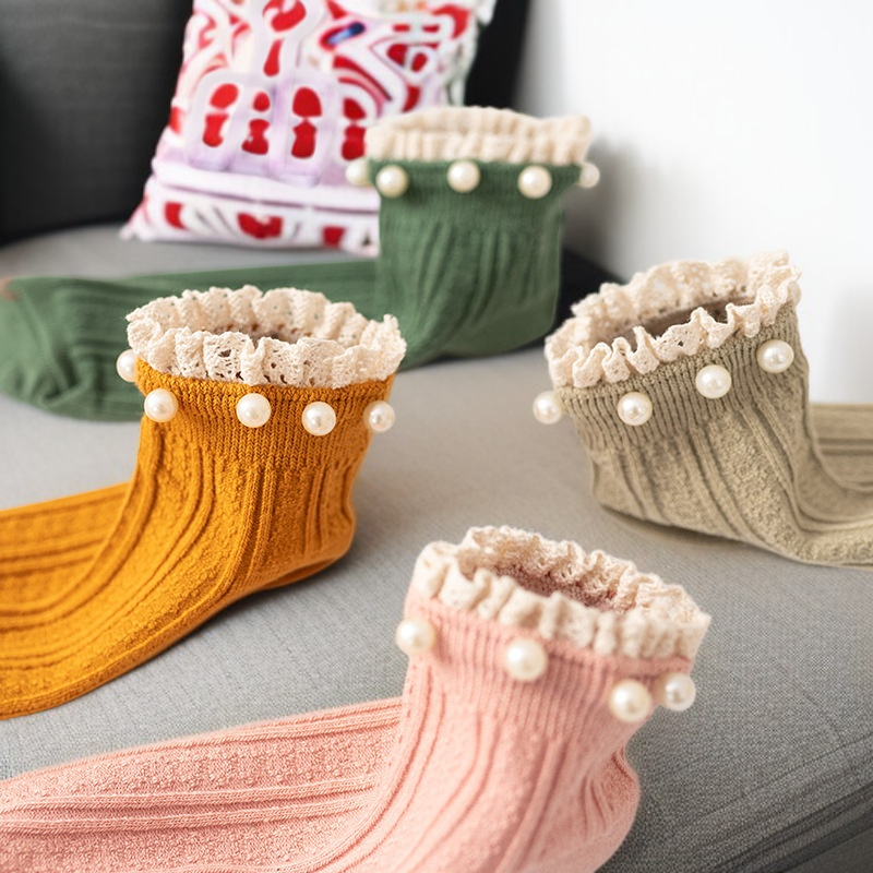 심플한 순색 진주 레이스 여성 면양말