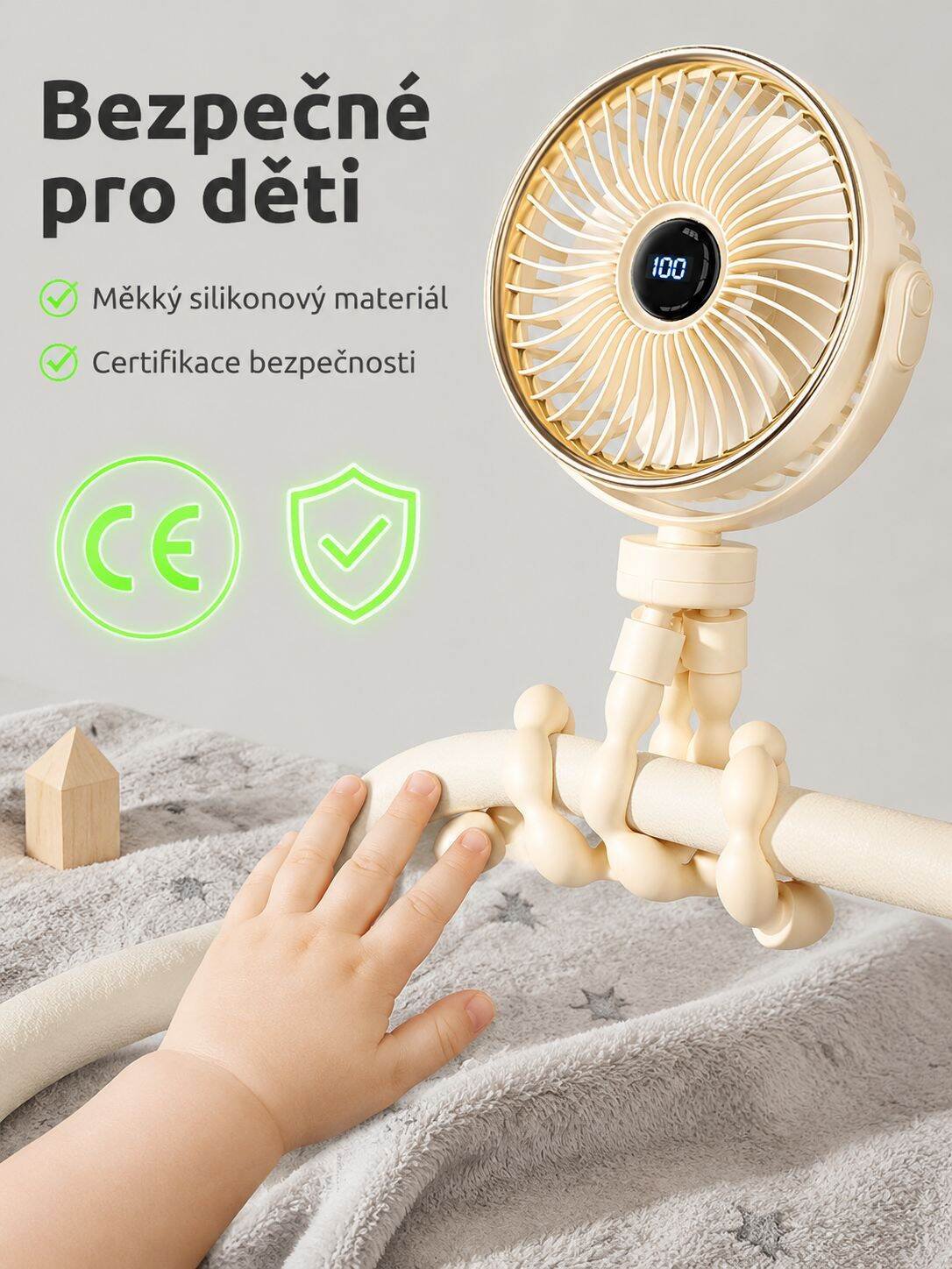 Dobíjecí tichý ventilátor chobotnice připevněný na kočárku