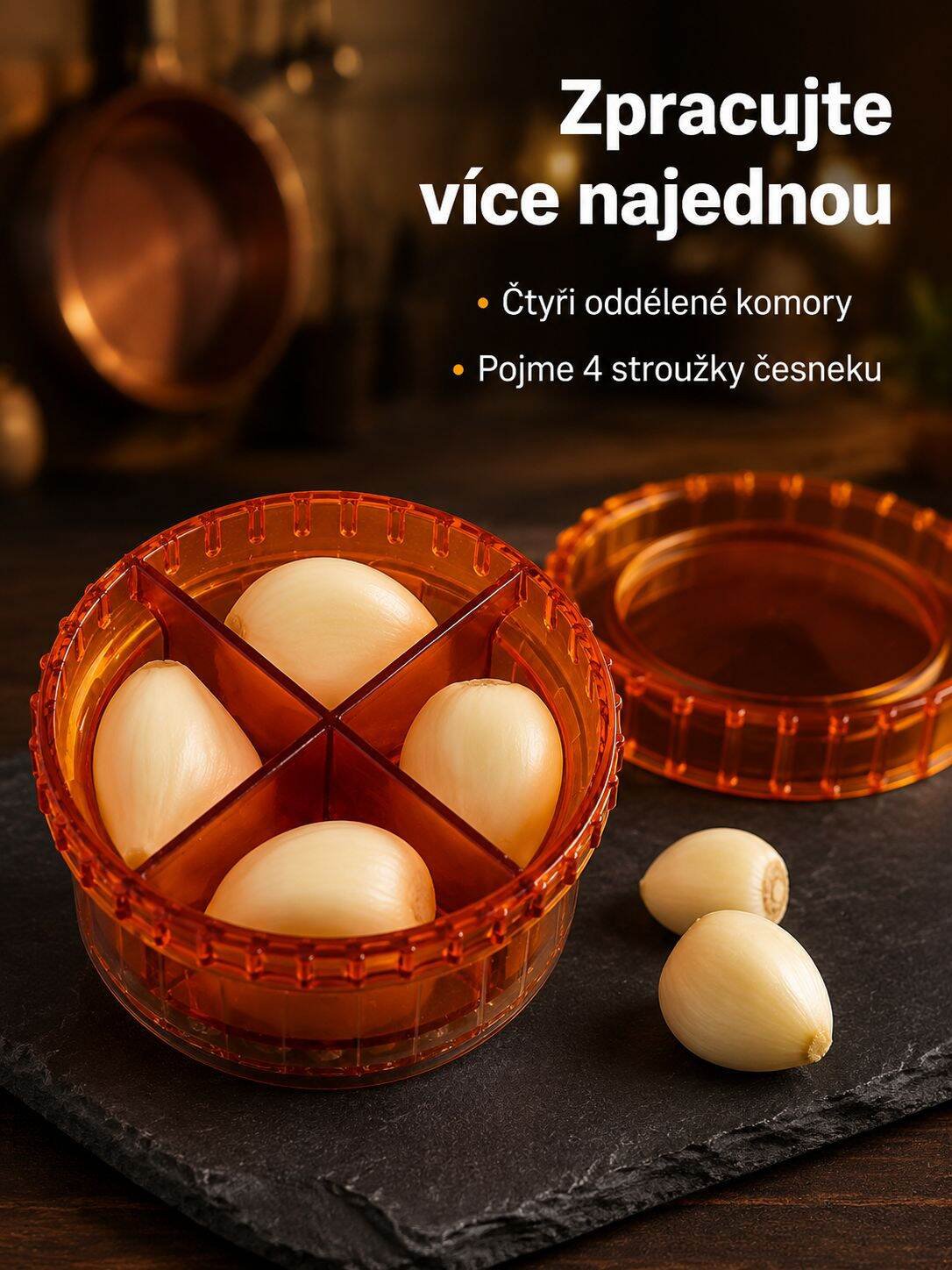 Kreativní lis na česnek, box na česnek, šikovný pomocník do kuchyně