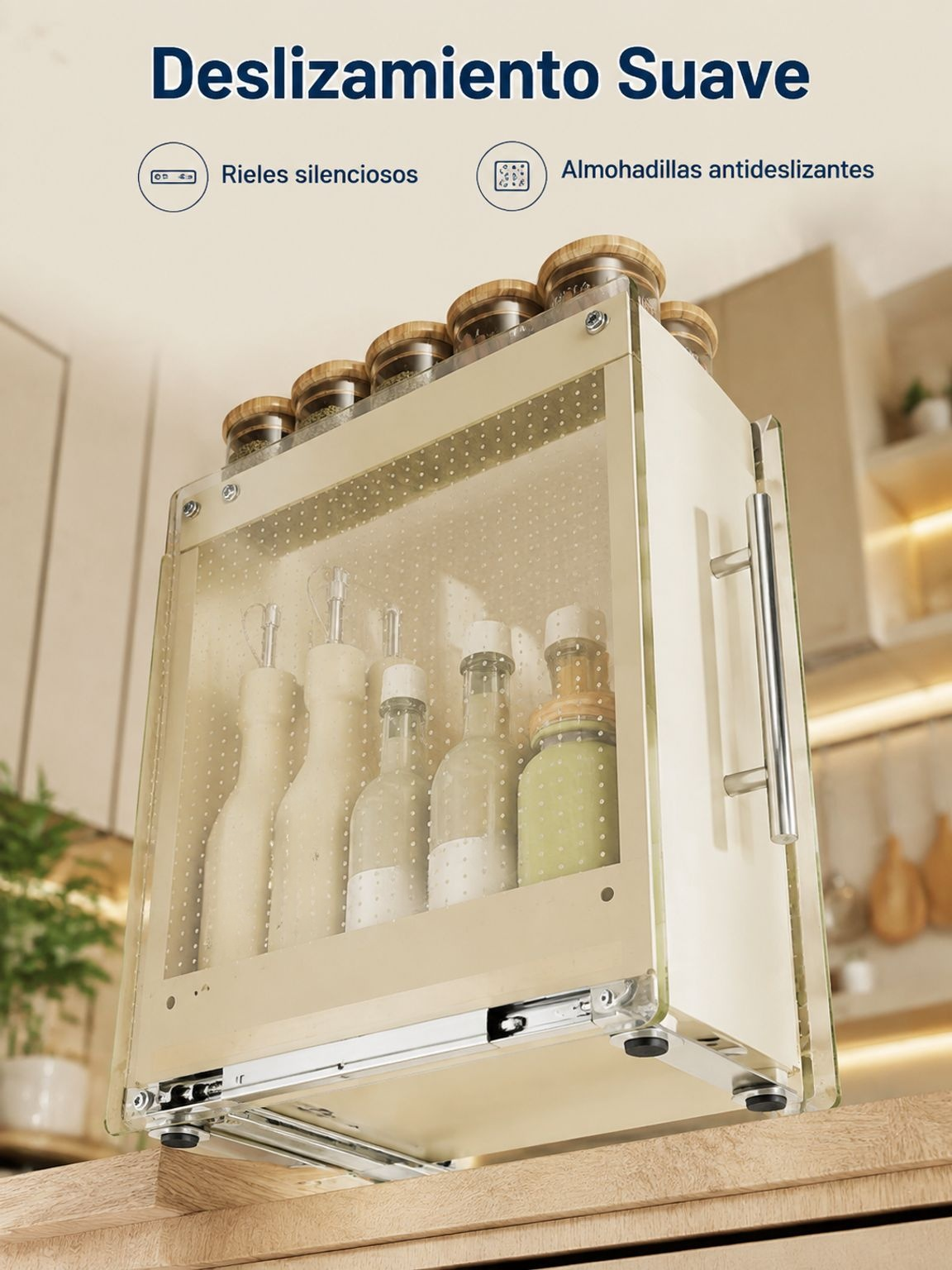 Frascos de especias organizados en soporte extraíble