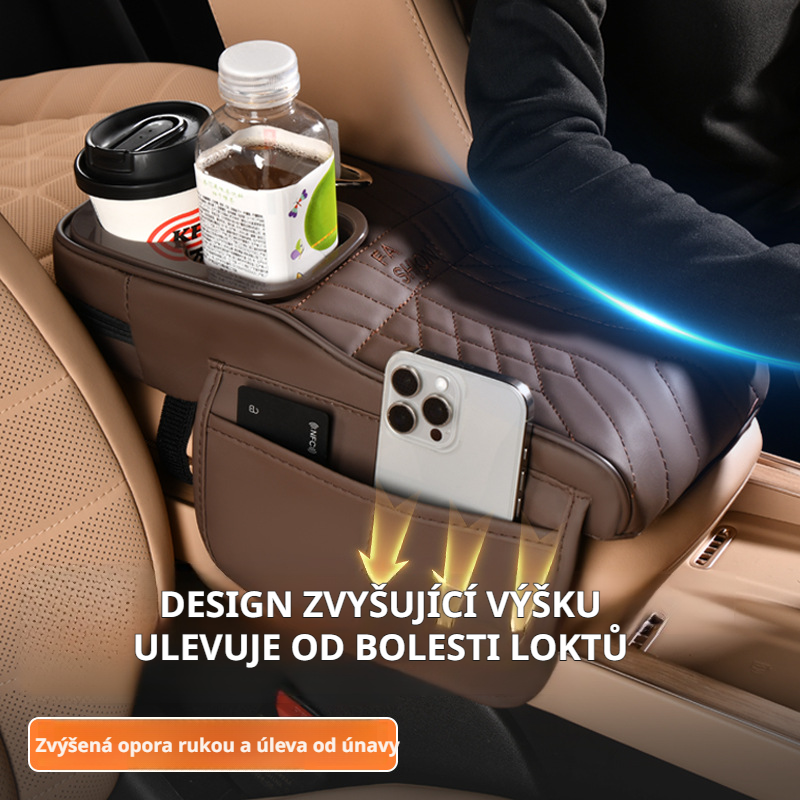Čalouněná opěrka do auta s úložnými kapsami a držákem na nápoje