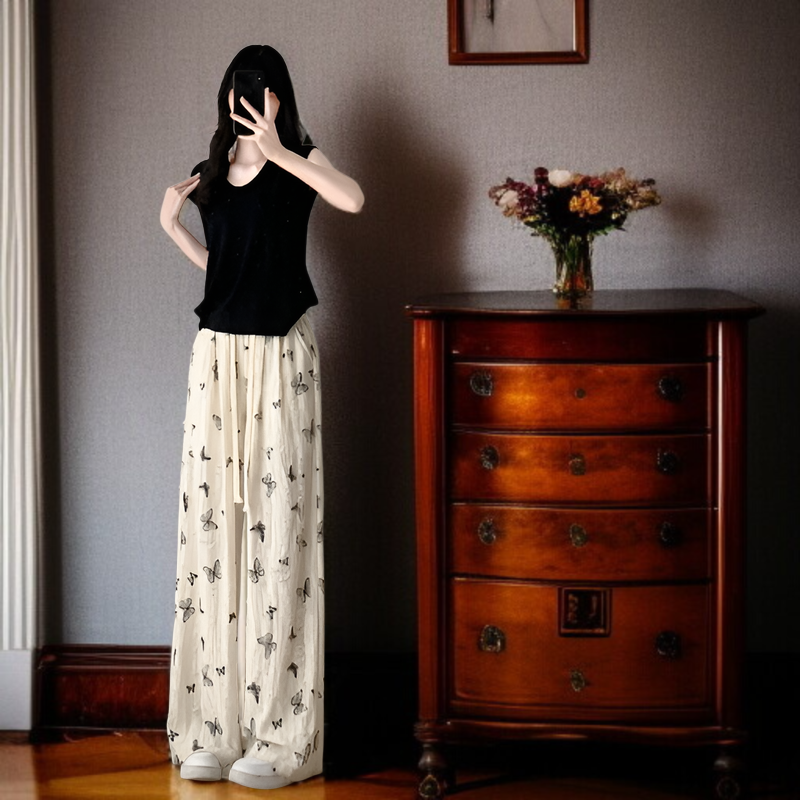 ホワイトバタフライホールヤマモトパンツレディース春秋ハイウエストワイドレッグパンツドレープパンツカジュアルダイヤモンドパンツ小さいサイズホールパンツ夏ワイドレッグパンツ