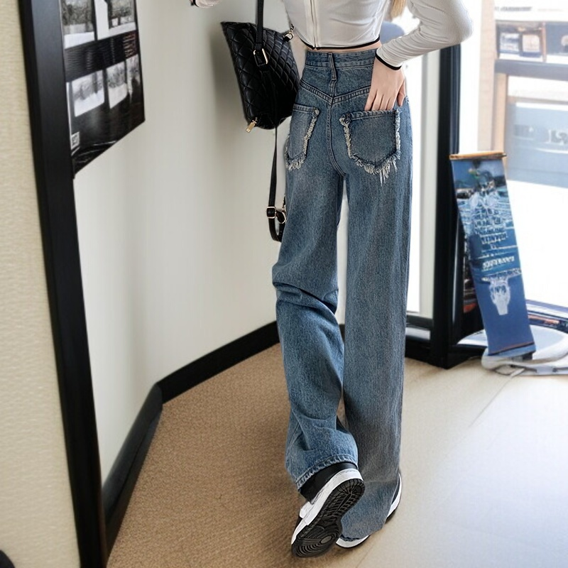 ハイウエストストレートドラッグパンツ プチゆるジーンズ エアリーワイドレッグドラッグパンツ