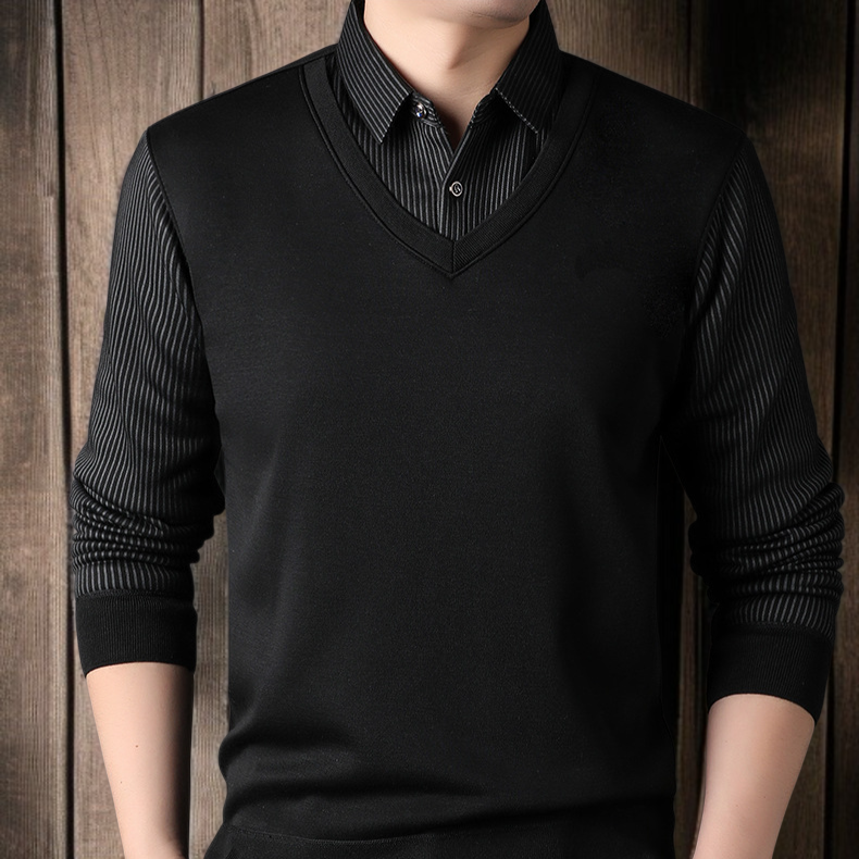 남자 겨울 니트 셔츠 가짜 투피스 기모 도톰 니트 셔츠 솔리드 스트라이프 니트 셔츠