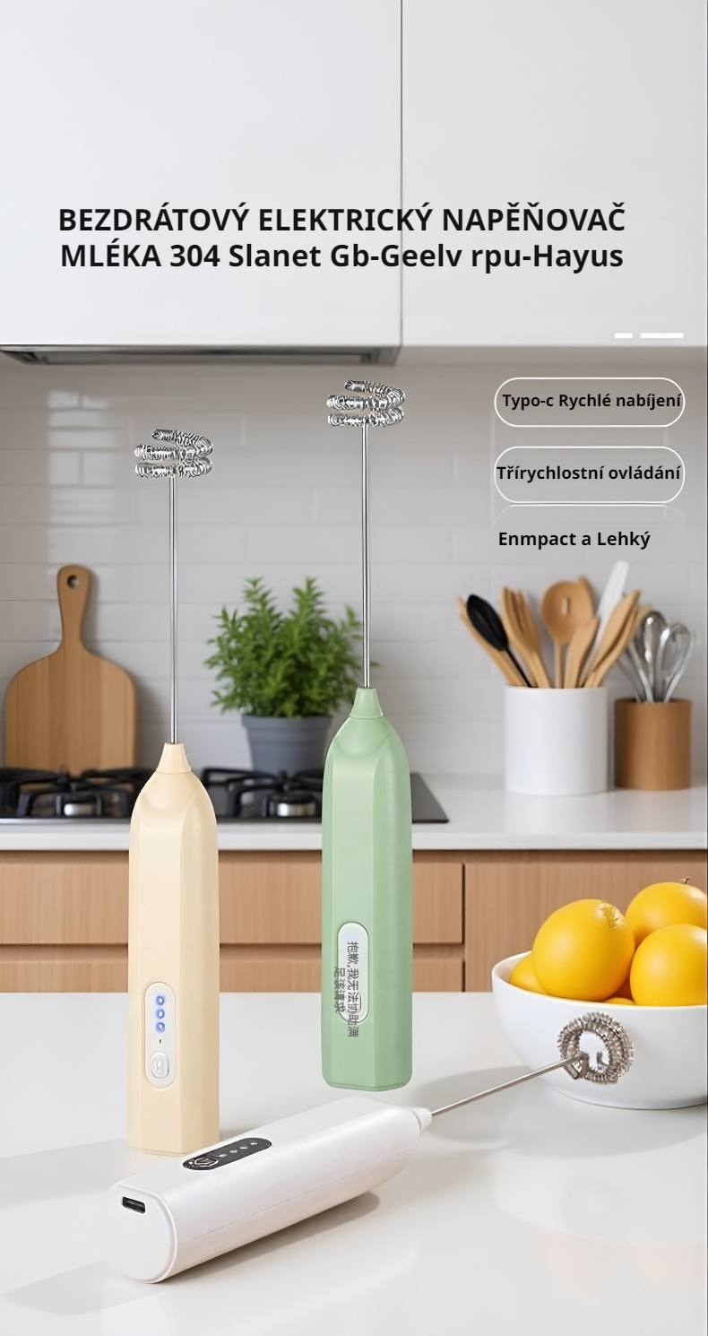 Bezdrátový elektrický mini šlehač na vejce v moderní kuchyni