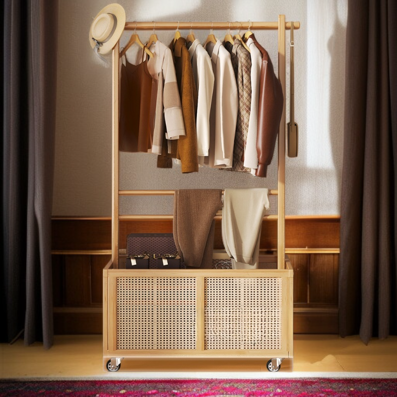 تخزين وتنظيم الملابس على رف خشبي