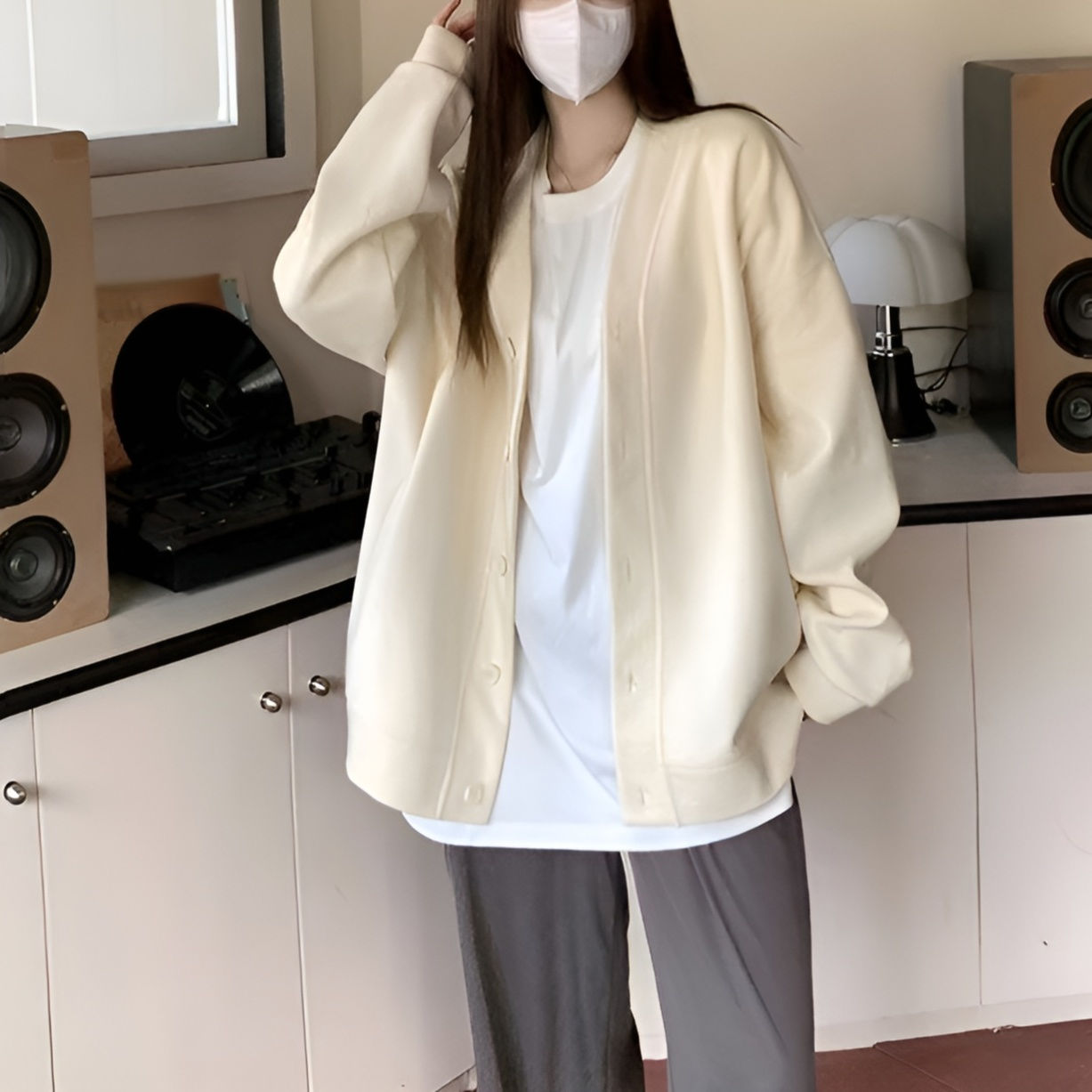 レディース韓国風Vネックカーディガン 三色 スウェットアウター 2024年春秋新作