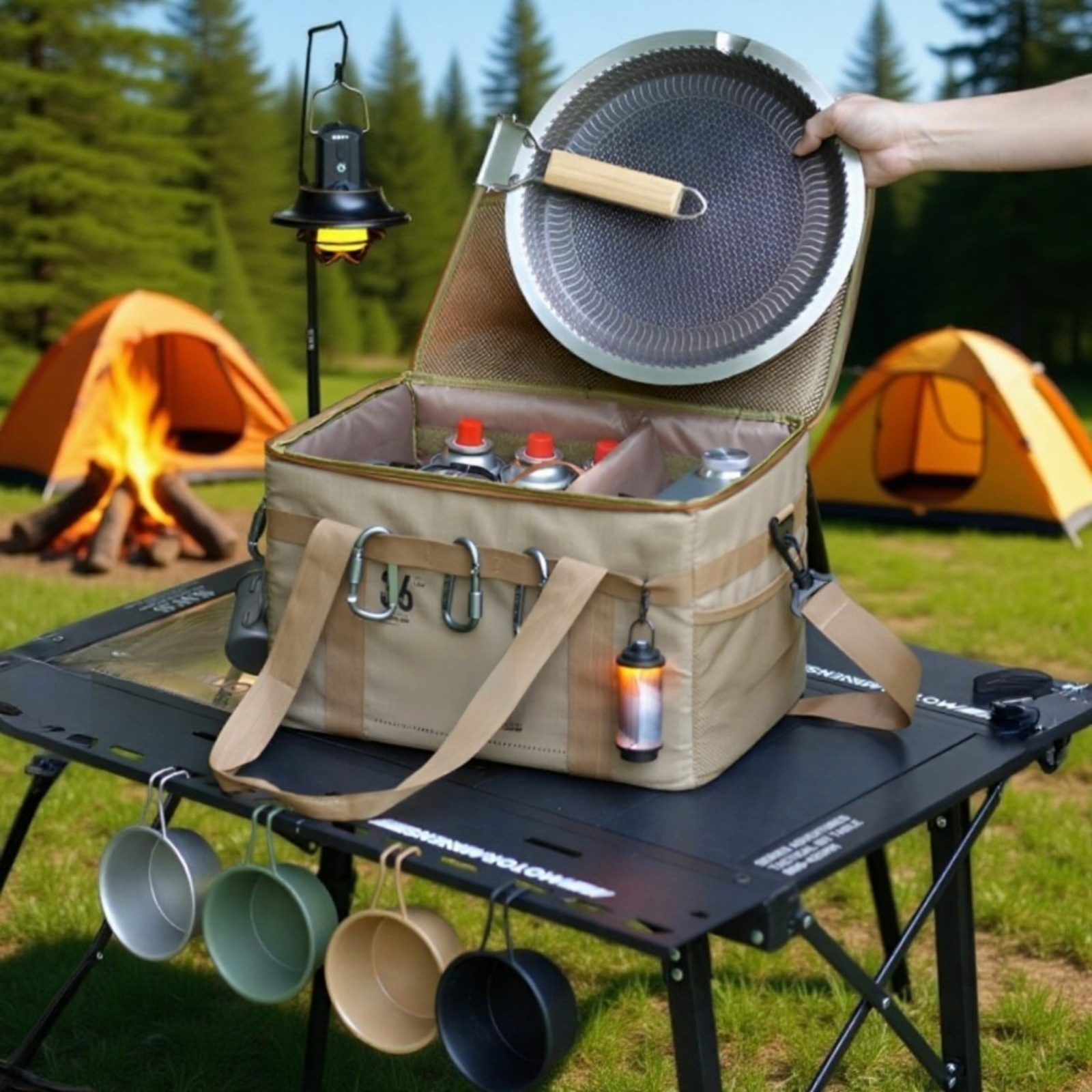 Vue détaillée du sac de camping avec sa table pliante déployée