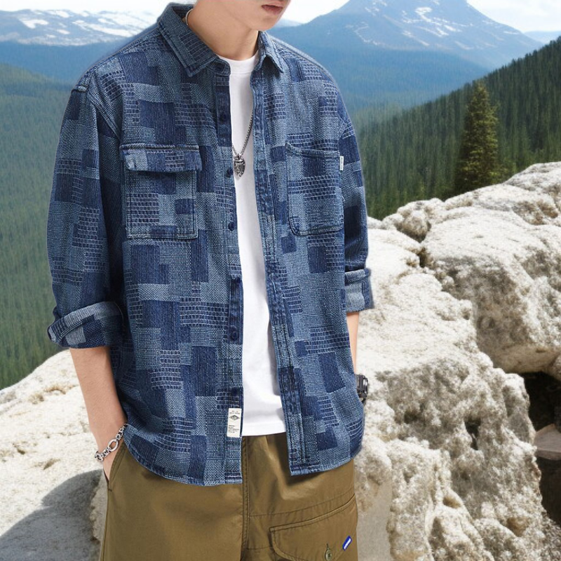 春のメンズマルチポケットカジュアルルーズフィット長袖シャツ